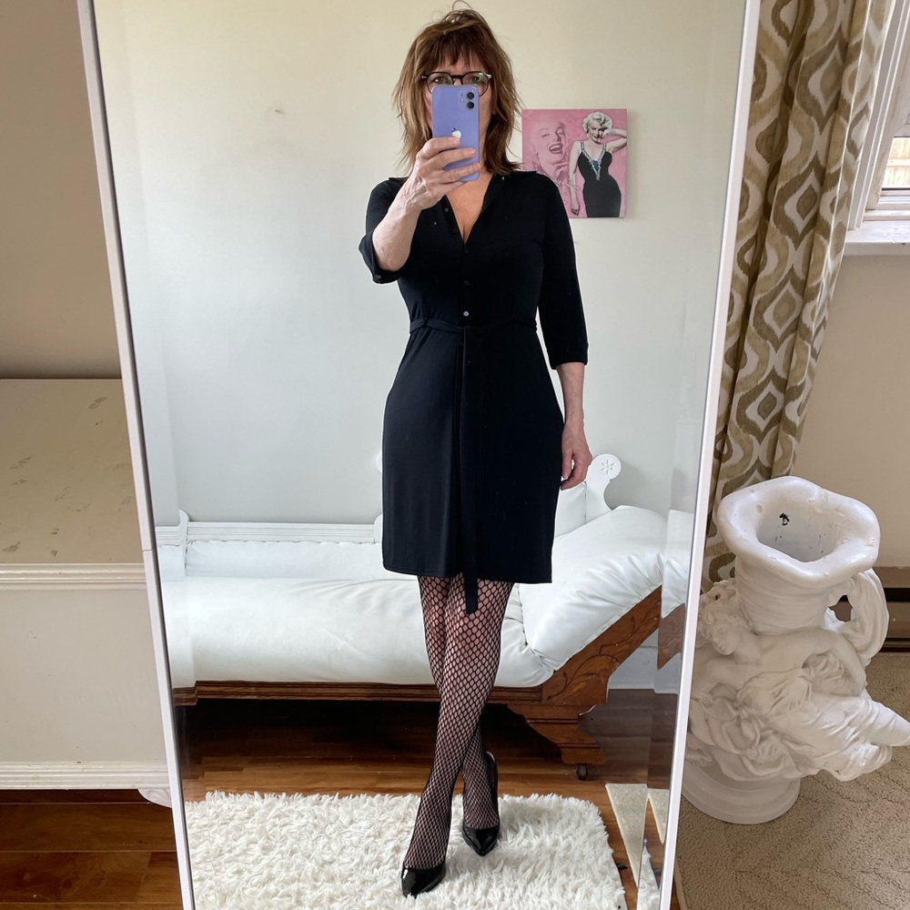 BLACK LONG SLEEVE BUTTON FRONT DRESS TIE BELT MERONA COLLAR